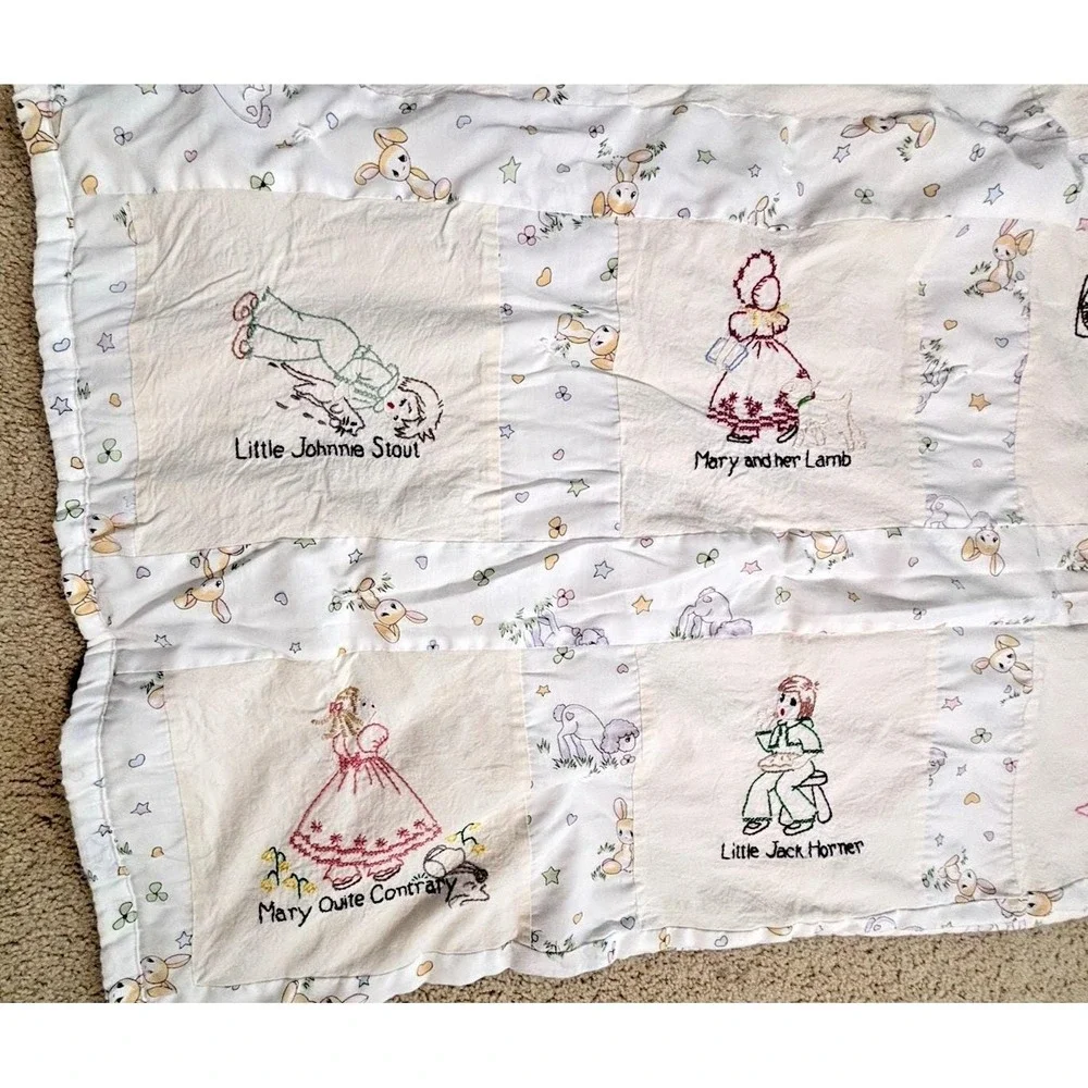 Adorable Vintage Crib Child Quilt NURSERY RHYMES 12 Hand Embroidered Squares